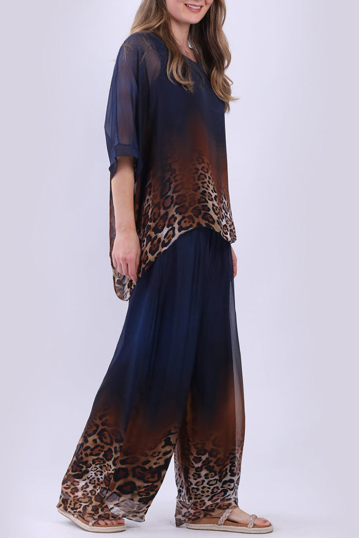Leopard Layered Batwing Top Wide Leg Pants Set