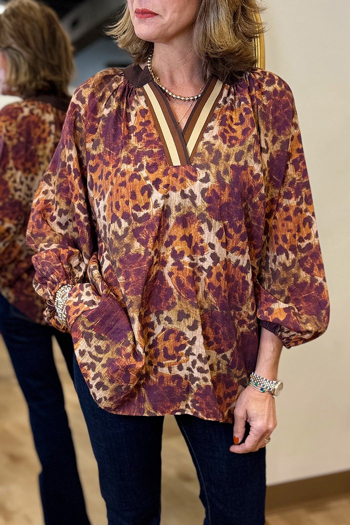 Animal Print Contrast Trim Blouse