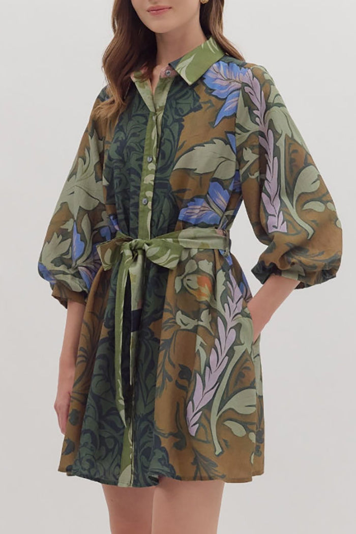 Puff Sleeve Plant Print Dress
