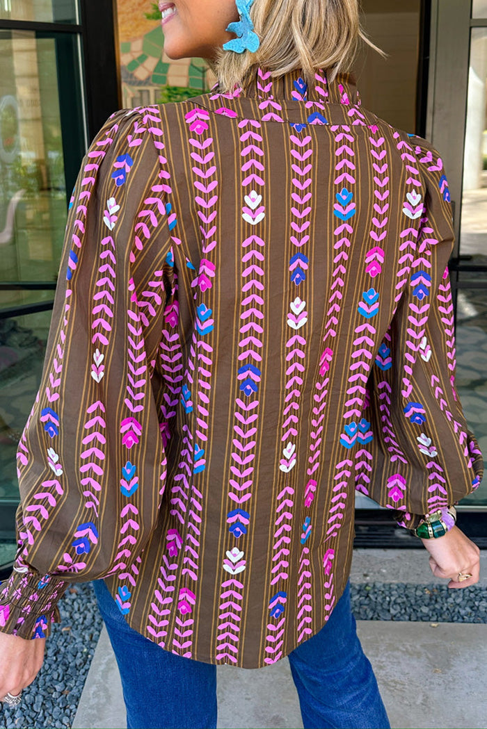 Floral Vine Print Ruffled Smocked Cuff Top