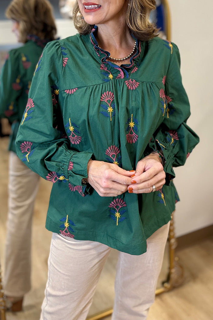 Embroidered Floral Ruffle Neck Blouse