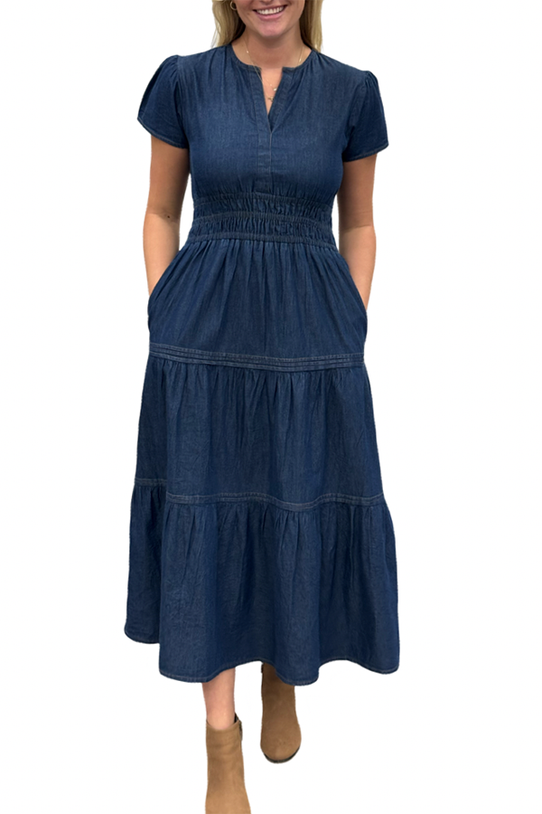 Cinch Waist Pocket Denim Dress