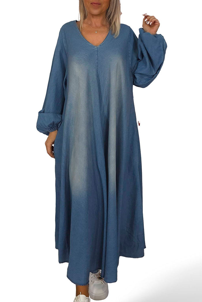 Denim Elasticated Cuff Flowy Maxi Dress