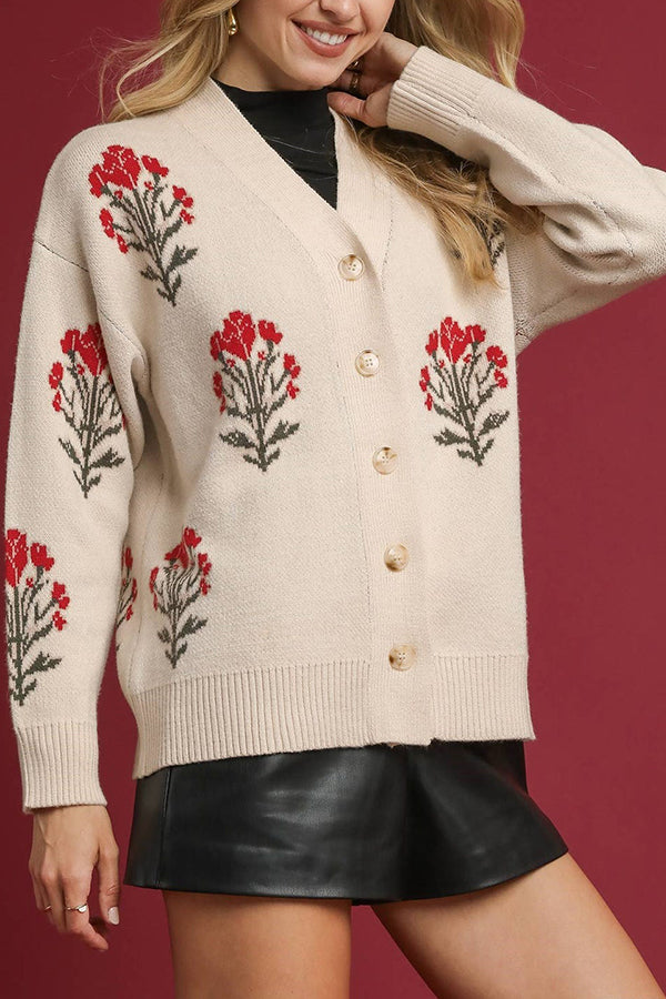 Casual Button Floral Cardigan