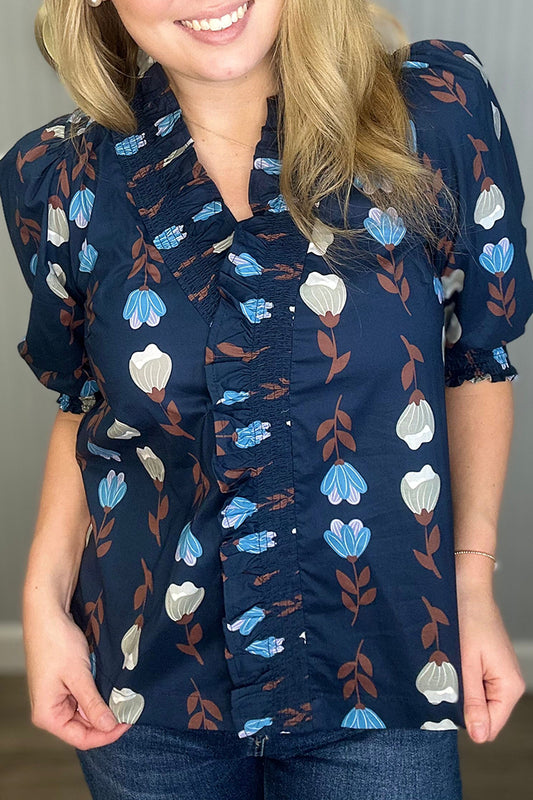 Flower Pattern Ruffle Front 3/4 Top