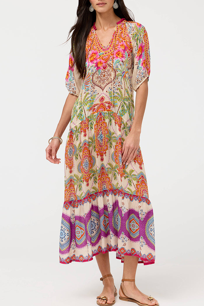 Boho Paisley Tropical Tiered Hem Midi Dress