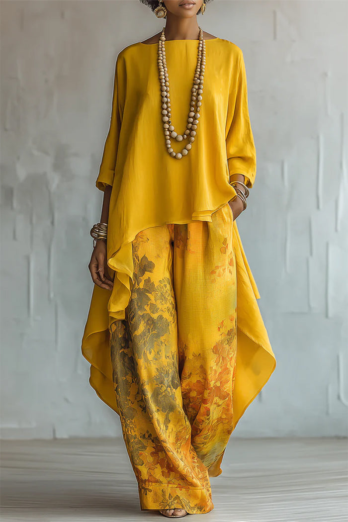 High Low Hem Floral Wide Leg Pants Set