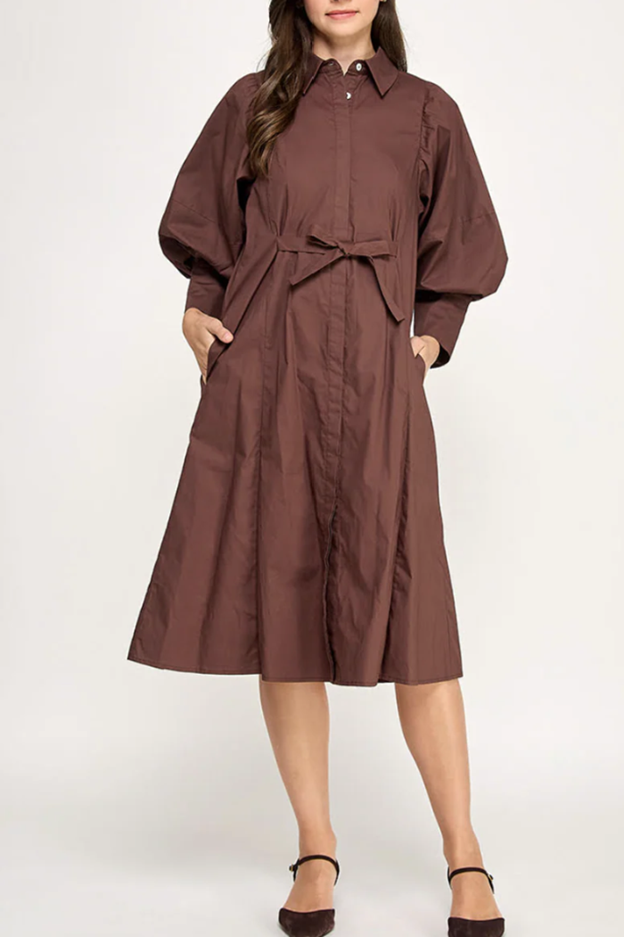 Casual Puff Sleeve Belt Dress