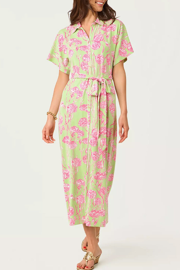Belted Floral Button Front Maxi Shirtdress