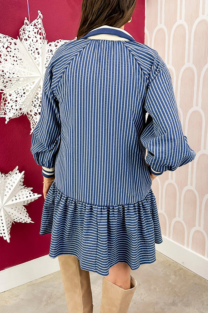 Striped Collared Flounce-Hem Pocket Dress
