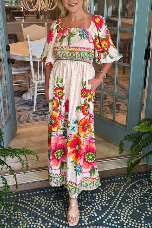 Puff Sleeve Flower Pocket Dress