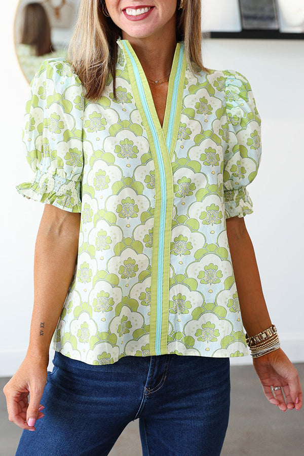 Stripe Trim Floral Top