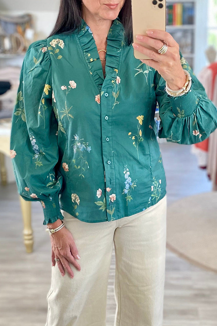 Floral Ruffle Neck Puff Sleeve Top