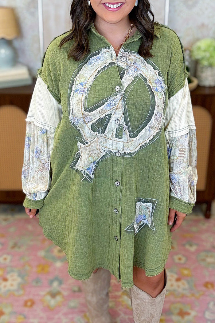 Patchwork Peace Sign Button Front Shirt Dress