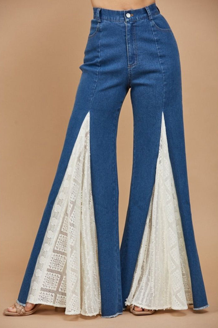 Lace Insert Panel Bell Bottom Stretch Jeans