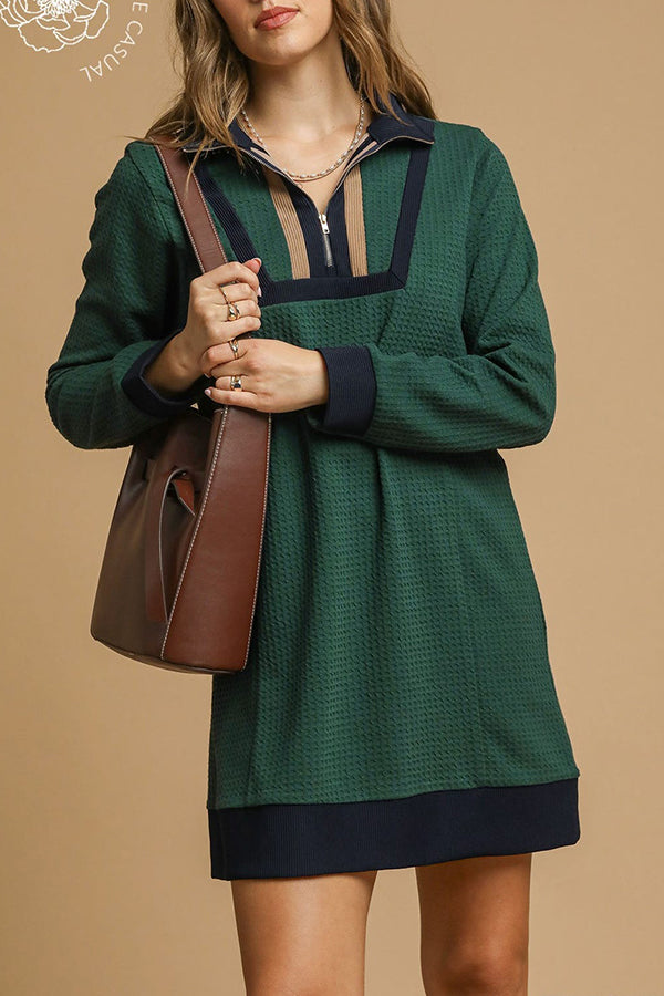 Waffle Knit Zip Collar Dress
