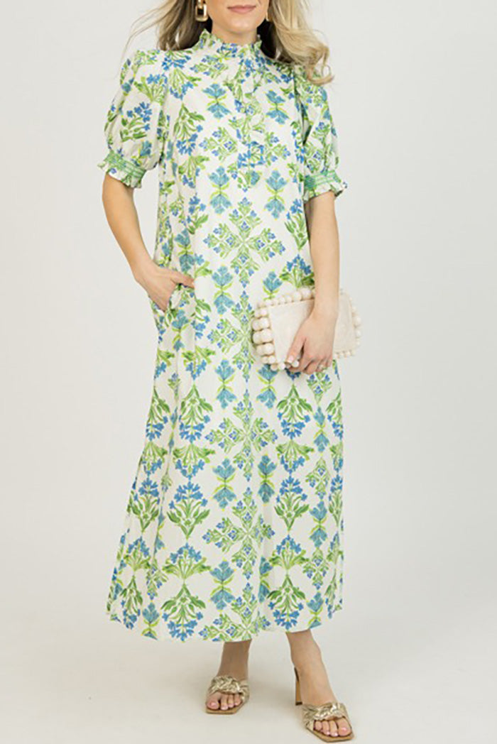 Ruffle Trim Floral Print Pocketed Dress