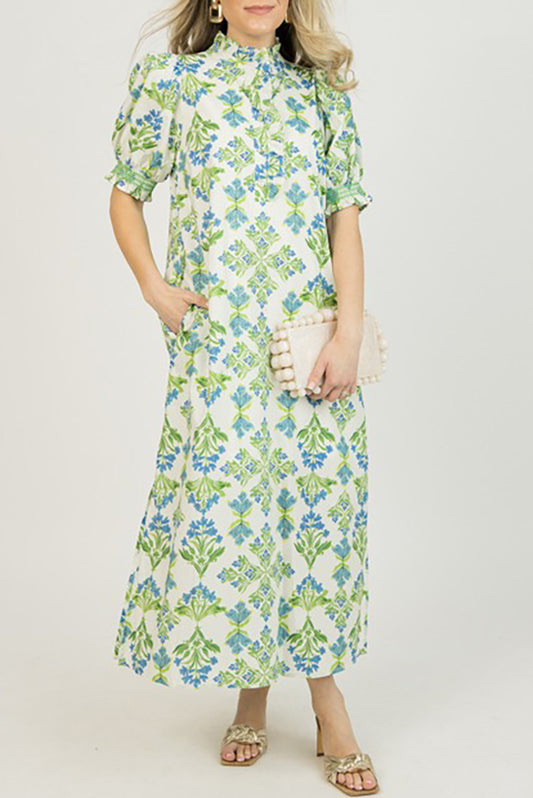 Ruffle Trim Floral Print Pocketed Dress