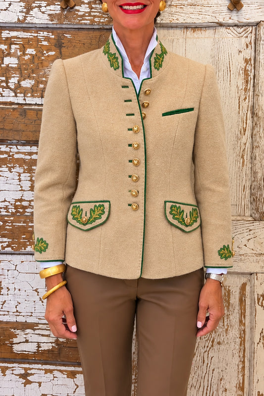 Beige Embroidered Wool Pocket Jacket