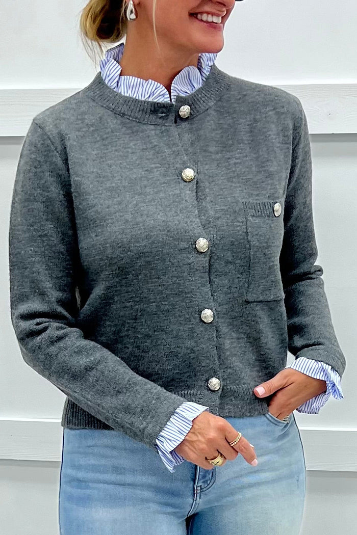 Ruffle Neckline Crewneck Cardigan