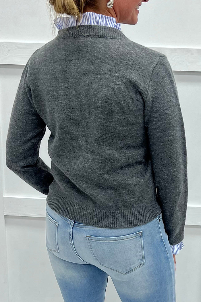 Ruffle Neckline Crewneck Cardigan