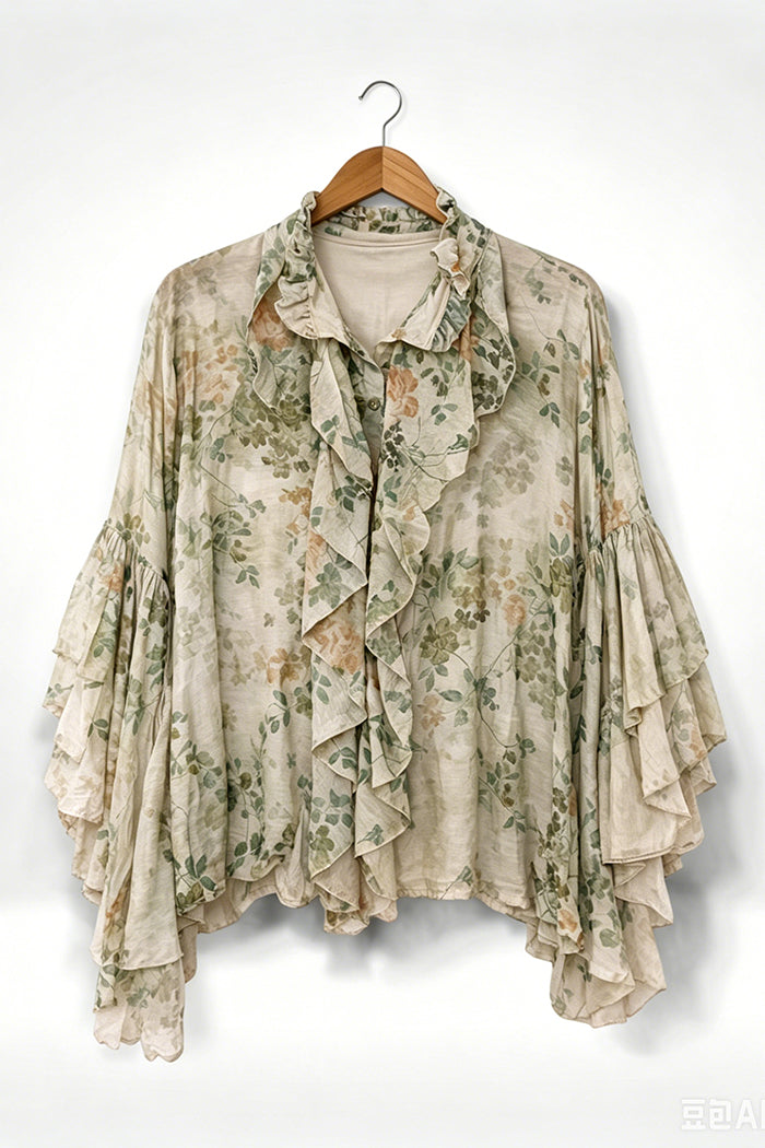Vintage Floral Ruffle Front Layered Sleeve Top