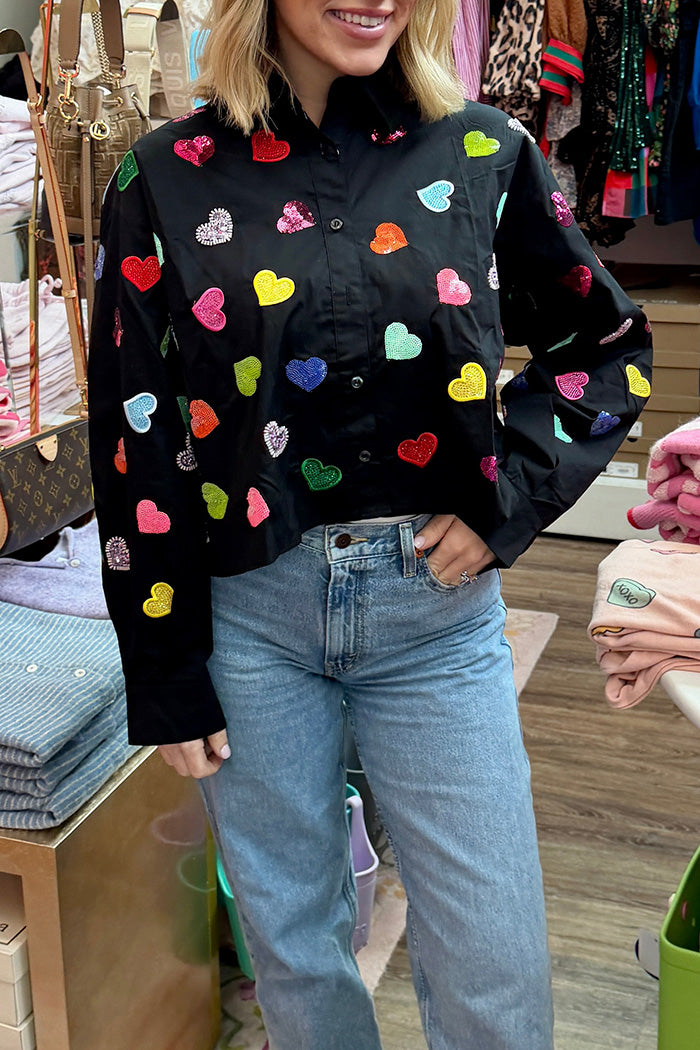 Multi Rhinestone Heart Button Up Top