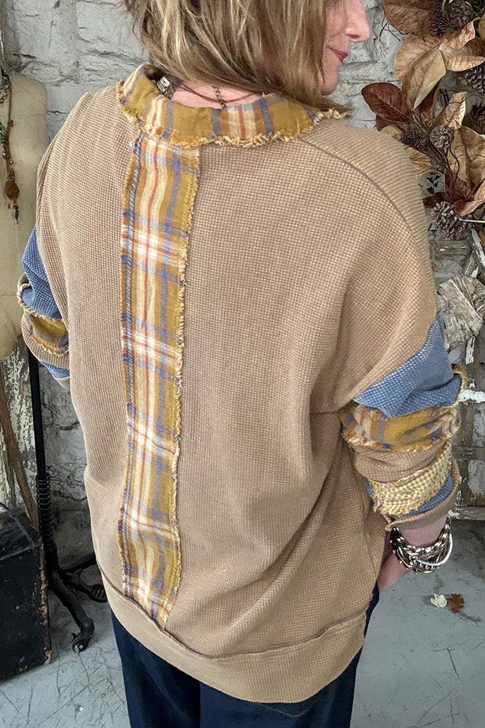 Camel Waffle Knit Patchwork Collared Top