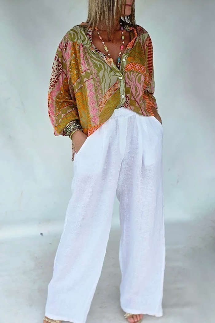 Printed Button Shirt Wide Leg Pants Set