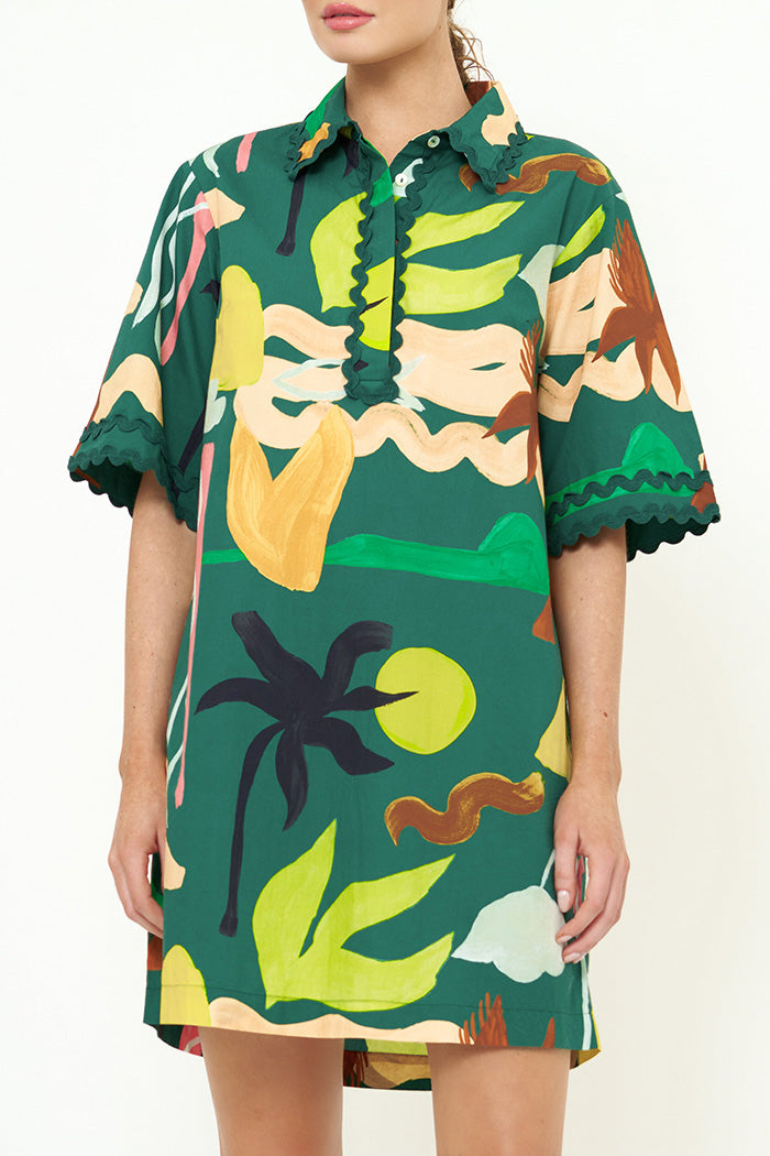 Printed Ric Rac Collared Mini Shirt Dress