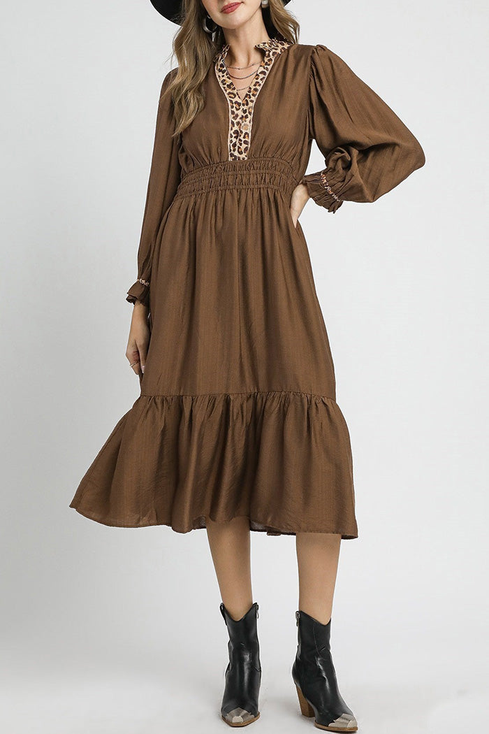 Leopard Trim Smocked Waist Midi Dress