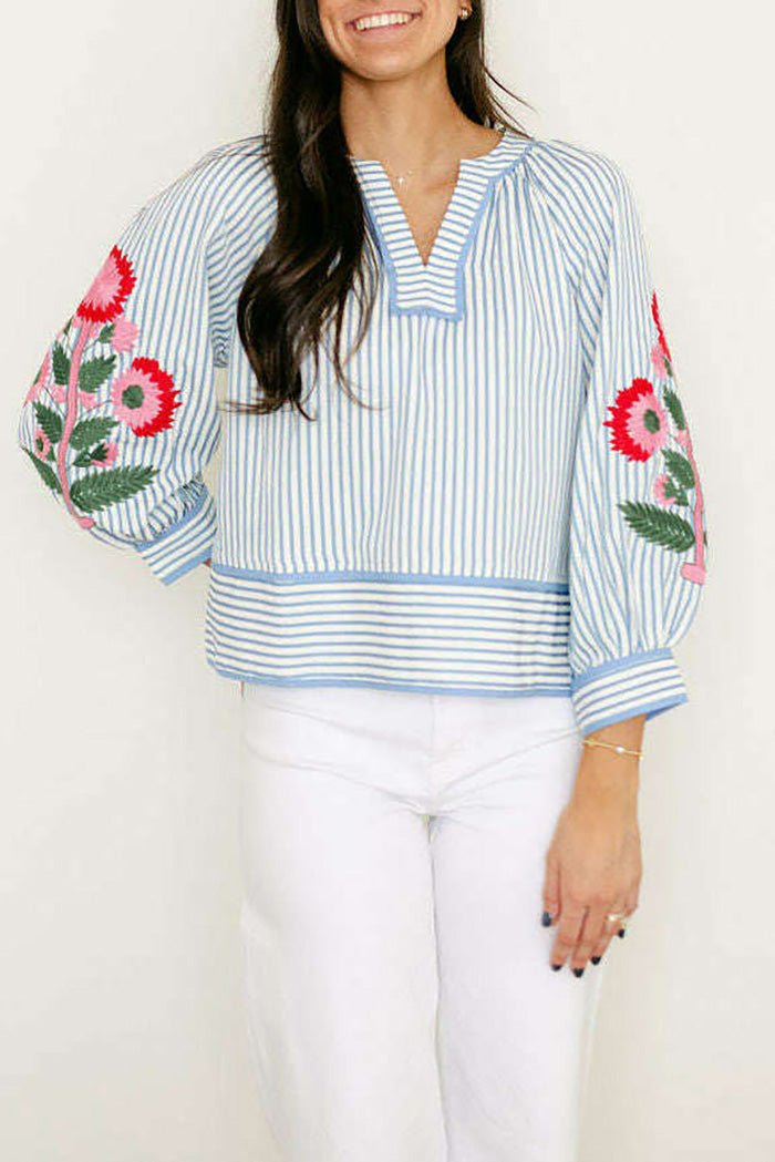 Stripe Floral Embroidered Top