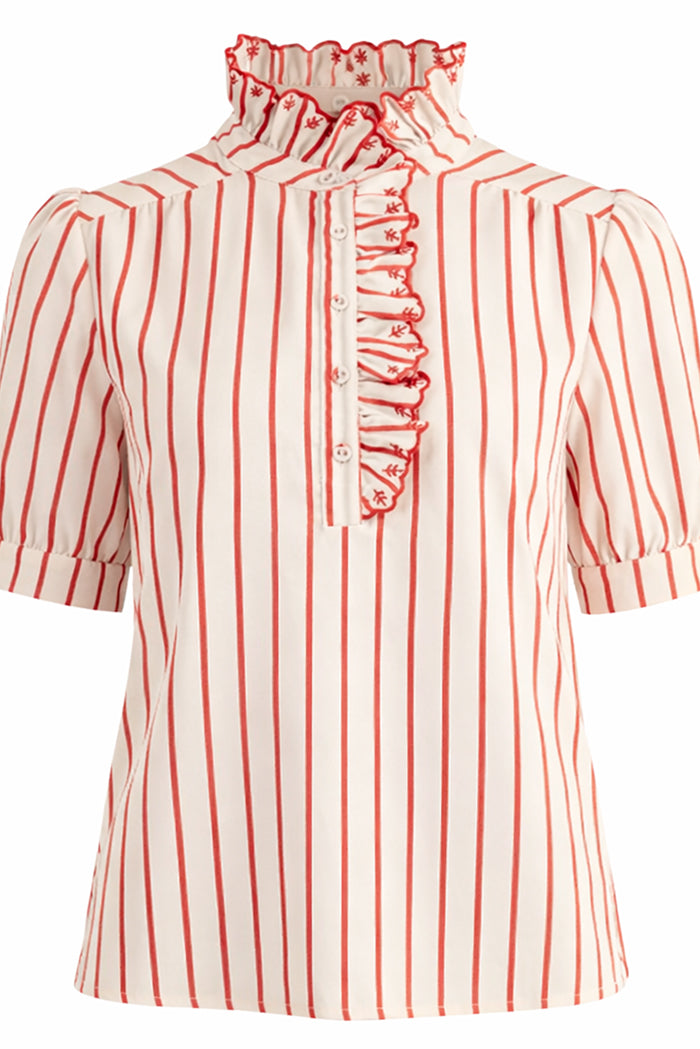 Vertical Stripe Ruffle Trim Top