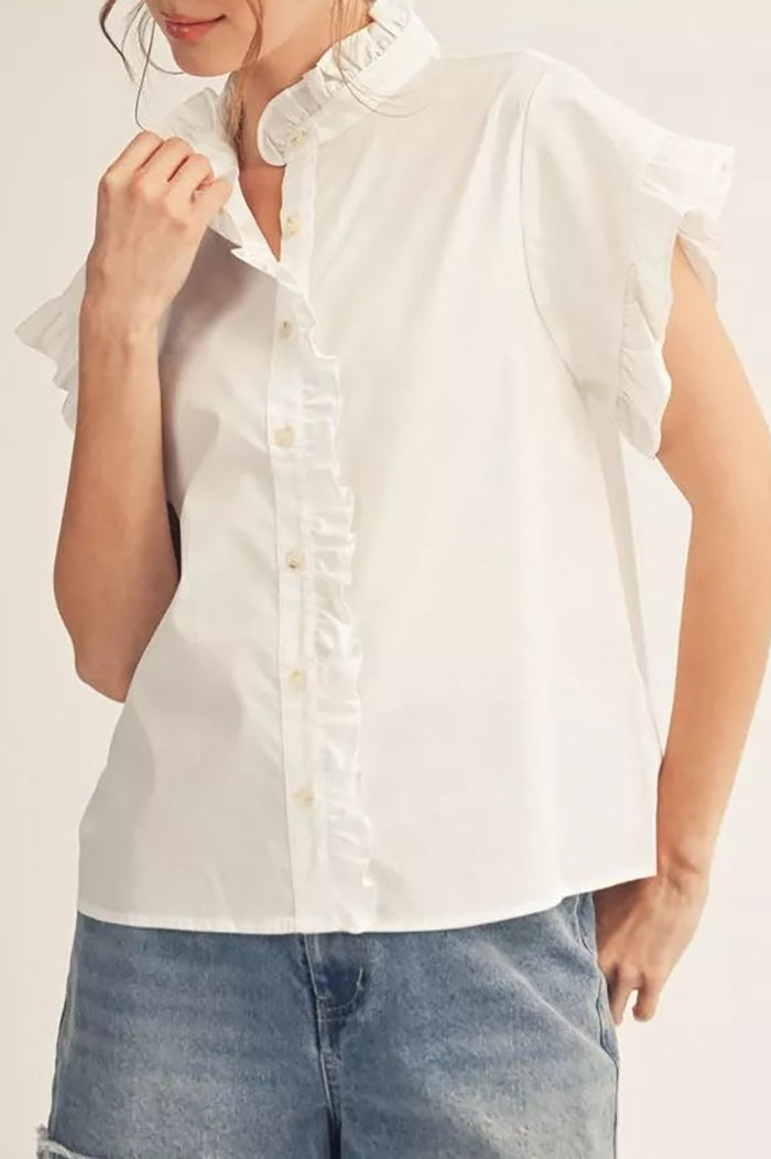 White Ruffle Button Up Top