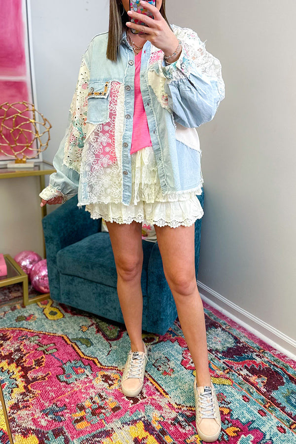 Casual Lace Splicing Pocket Top