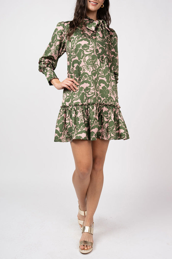 Bow Neck Tie Ruffle Hem Dress