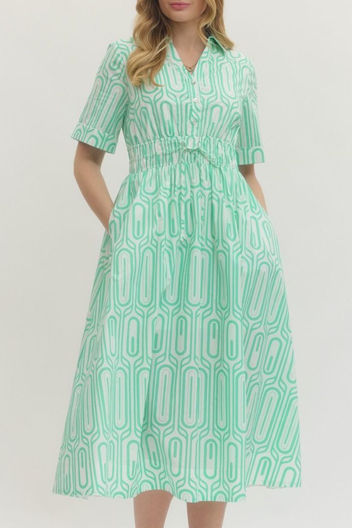 Short Sleeve Collared Tie Waist Pocket Dress