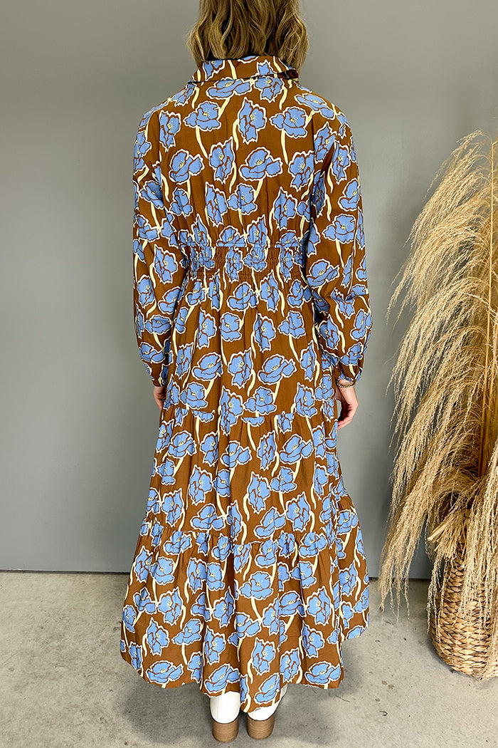 Retro Brown-Blue Floral Shirt Collar Maxi Dress