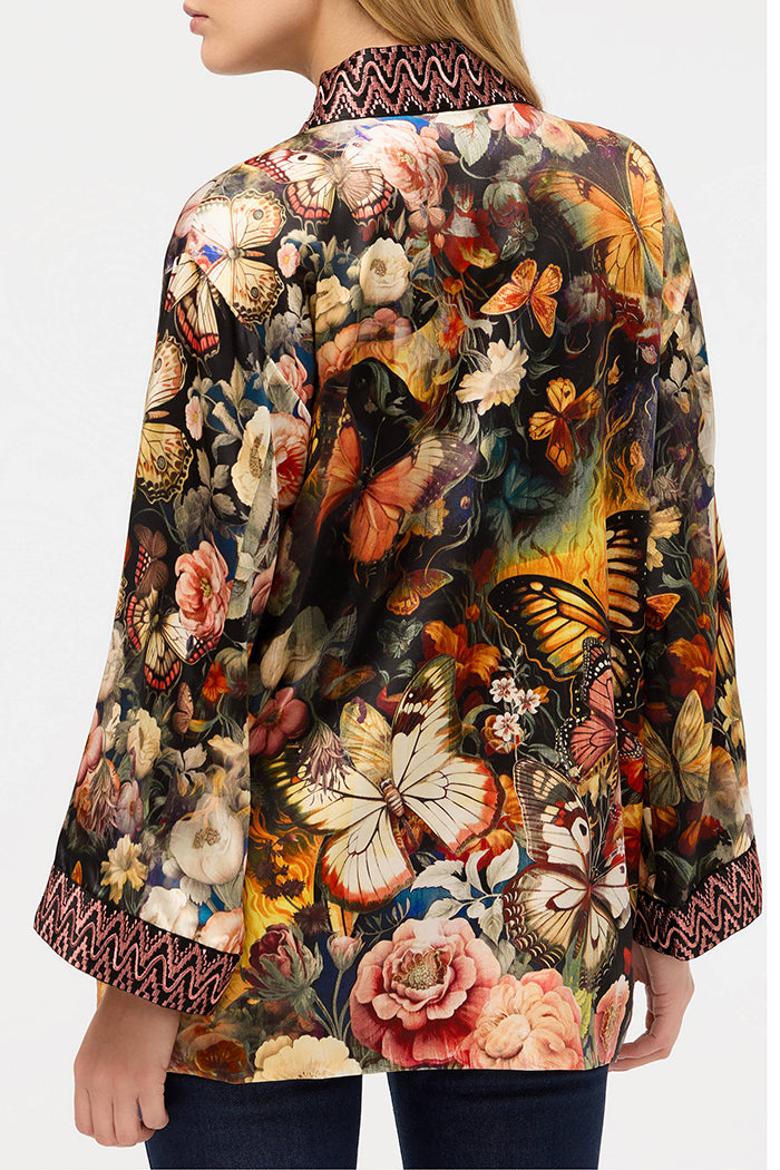 Reversible Floral Butterfly Patterned Trim Cardigan