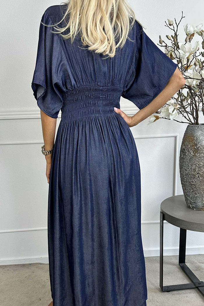 Denim Smocked Underbust Maxi Dress