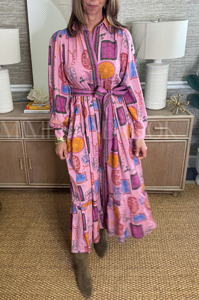 Casual Retro Patterned Belt Dress
