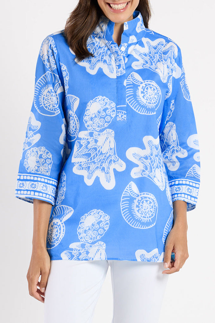 Shell Print Mandarin Collar 3/4 Sleeve Top