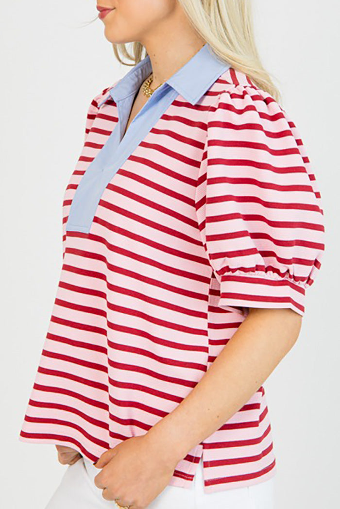 Contrast Stripe Puff Sleeve Top