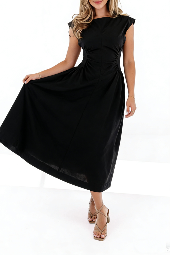 Ruched Waist Cap Sleeve Midi Dress
