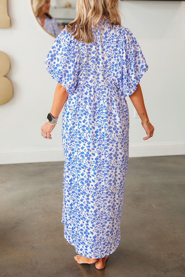 Floral Pleated Elastic Sleeve Dress