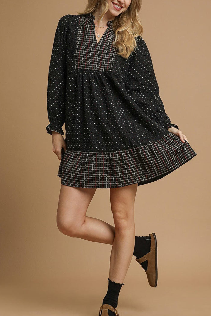 Polka Dot Plaid Trim Babydoll Dress