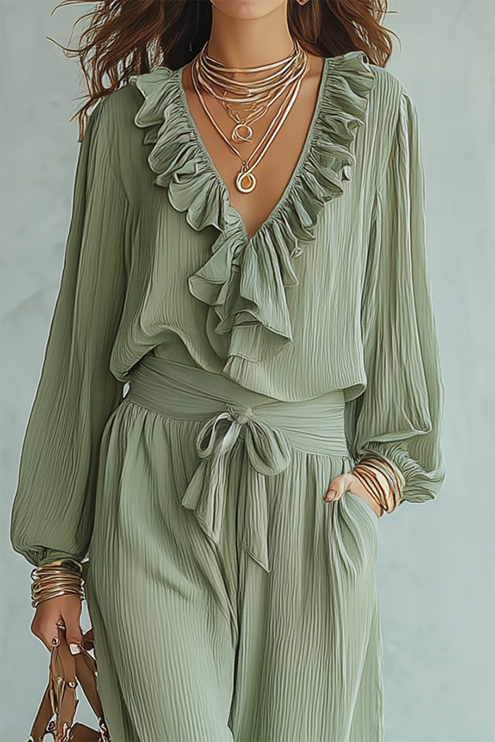 Ruffled Neck Belted Wide-Leg Set