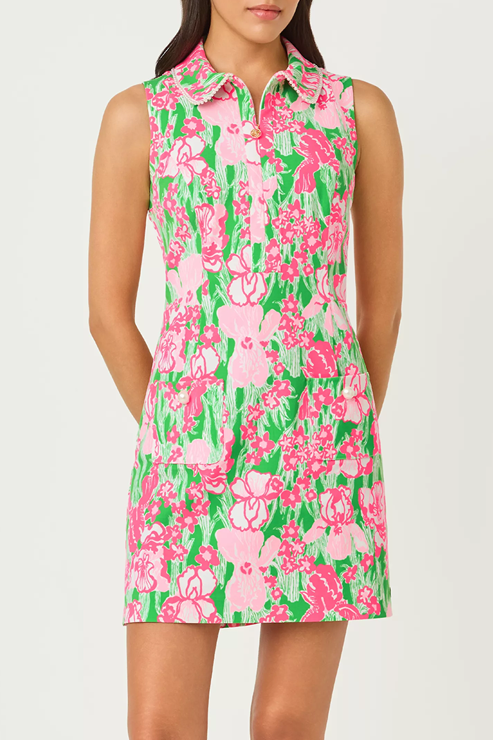 Sleeveless Pearl Collar Zip Floral Dress