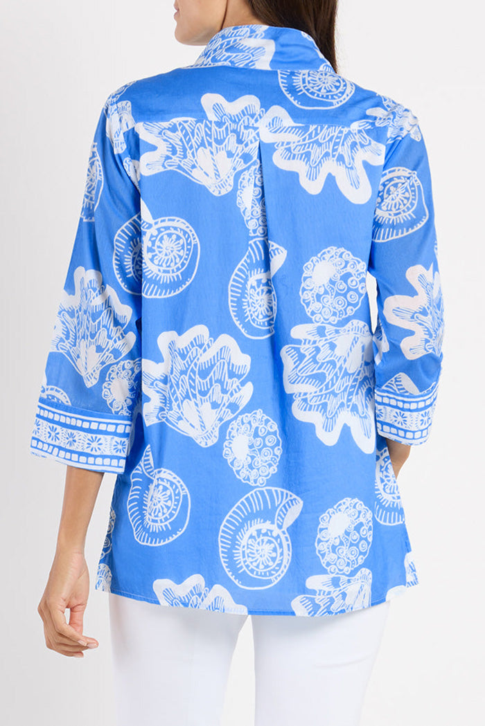Shell Print Mandarin Collar 3/4 Sleeve Top