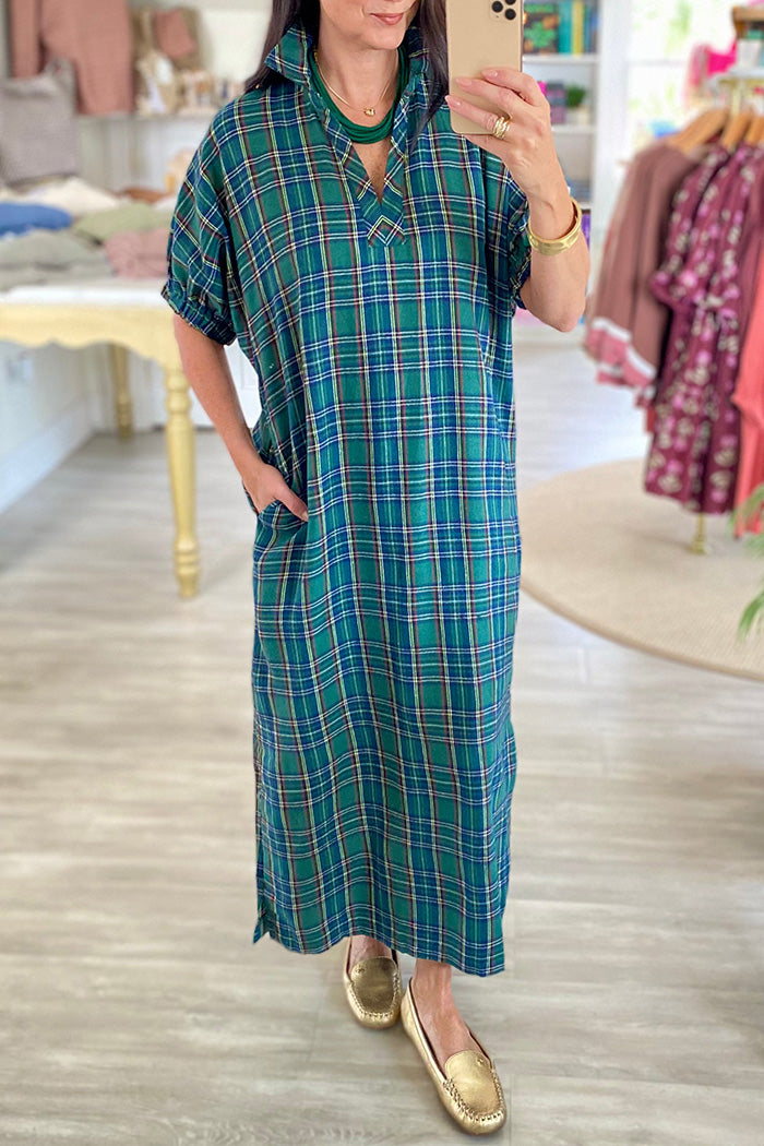 Plaid Dropped Shoulder Collared Pocket Midi Dress